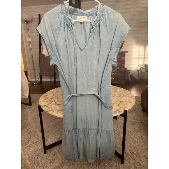 Cloth & Stone Chambray Blue Ruffle Neck Tiered Mini Dress Womens Size S - Picture 3 of 9